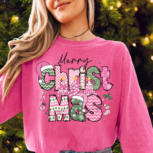 Merry Christmas Comfort Colors Long Sleeve Tee – Pink & Green Holiday Graphic Shirt