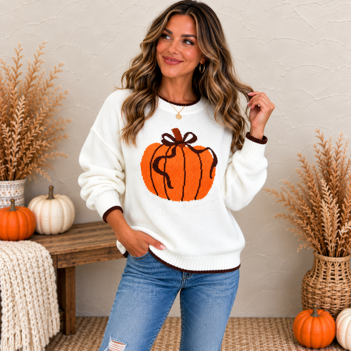 A woman wearing a white knit sweater with a large orange pumpkin graphic and brown trim, paired with blue jeans, standing in a fall-themed room with pumpkins and dried grass decor.
