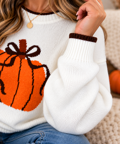 Chicory Coffee Fall Pumpkin Pattern Casual Pullover Sweater