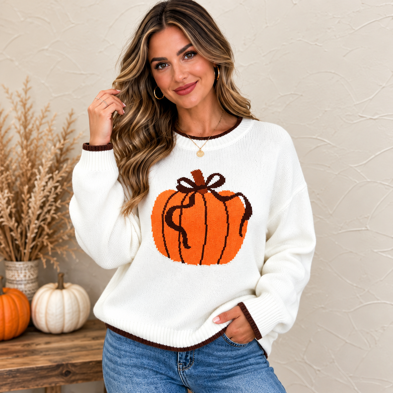 Chicory Coffee Fall Pumpkin Pattern Casual Pullover Sweater