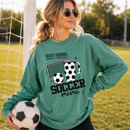 Hot Mess Soccer Mama Comfort Colors Long Sleeve Tee